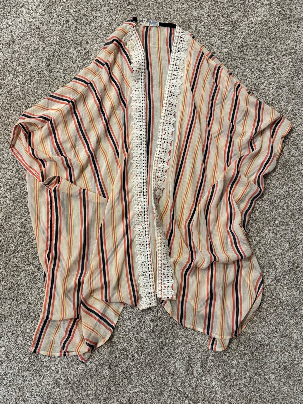 Jolt Striped Crochet Trim Kimono - Cream, Orange, Navy